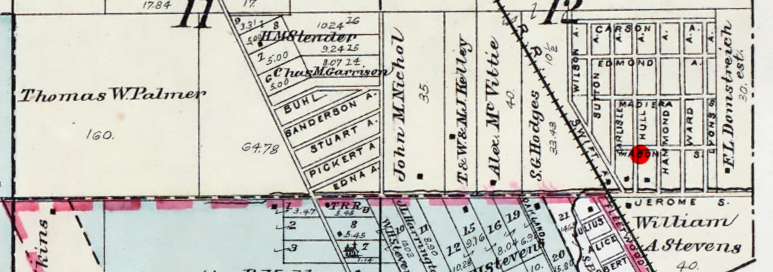 1893 map showing where the house on Hull Street would stand (red dot).